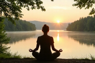 Illustration of a person meditating in a serene natural setting