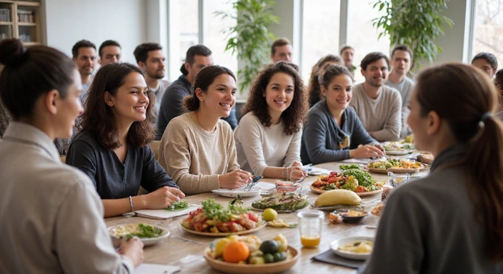 A diverse group of people participating in a holistic nutrition workshop, actively engaged