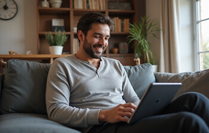 Illustration of a person relaxing on a couch using a tablet for an online consultation