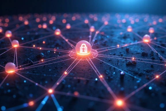 Abstract network of interconnected nodes representing data flow and security