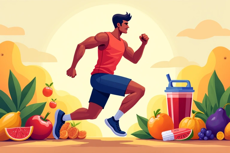 Illustration of an athlete performing with healthy food around